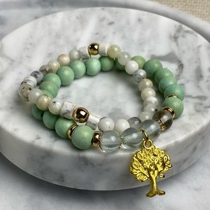 💥SOLD💥Gemstone Bracelet: Dendritic Opal + Howlite + Hematite + Wood + Glass